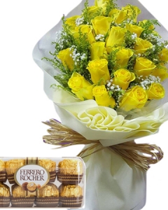 20 yellow roses bouq w/16 ferrero